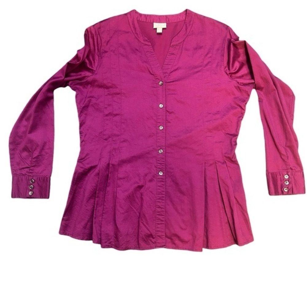 J. Jill Women’s Maroon Pleated Front Button Down Long Sleeve Top Medium